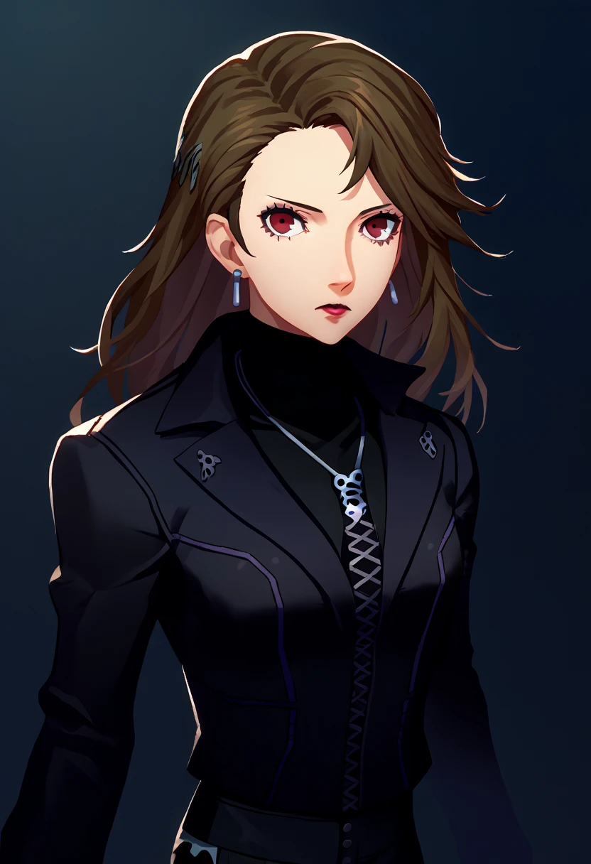 score_9, score_8_up, score_7_up, source_anime, solo, 1girl, makoto niijima, makeup, lipstick, looking at viewer, standing, contrapposto, brown hair, crown braid, red eyes, short hair, black jacket, long sleeves, black sweater, turtleneck sweater, black pants, earrings, necklace,  