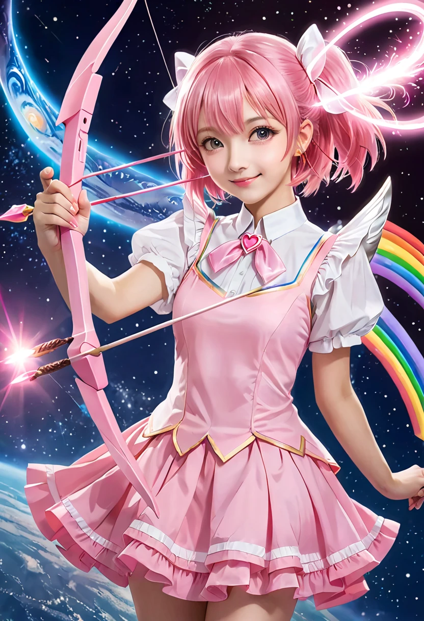 photograph　live-action　reality 　 Hashimoto Kanna　 real masterpiece,  high definition  ,  top quality ,8k (Cure Beauty)smile　 pink haired girl,ゴージャスな Magical Girlの衣装,  Pink dress with ribbons and frills , I Have a Magic Wand in My Hand ,  The tip of the wand is a glowing pink heart .,  designed to look like a bow and arrow ,  Magical Girl　 shoot a pink neon arrow in intergalactic outer space　MITUKI and rainbow-colored neon characters in the background 