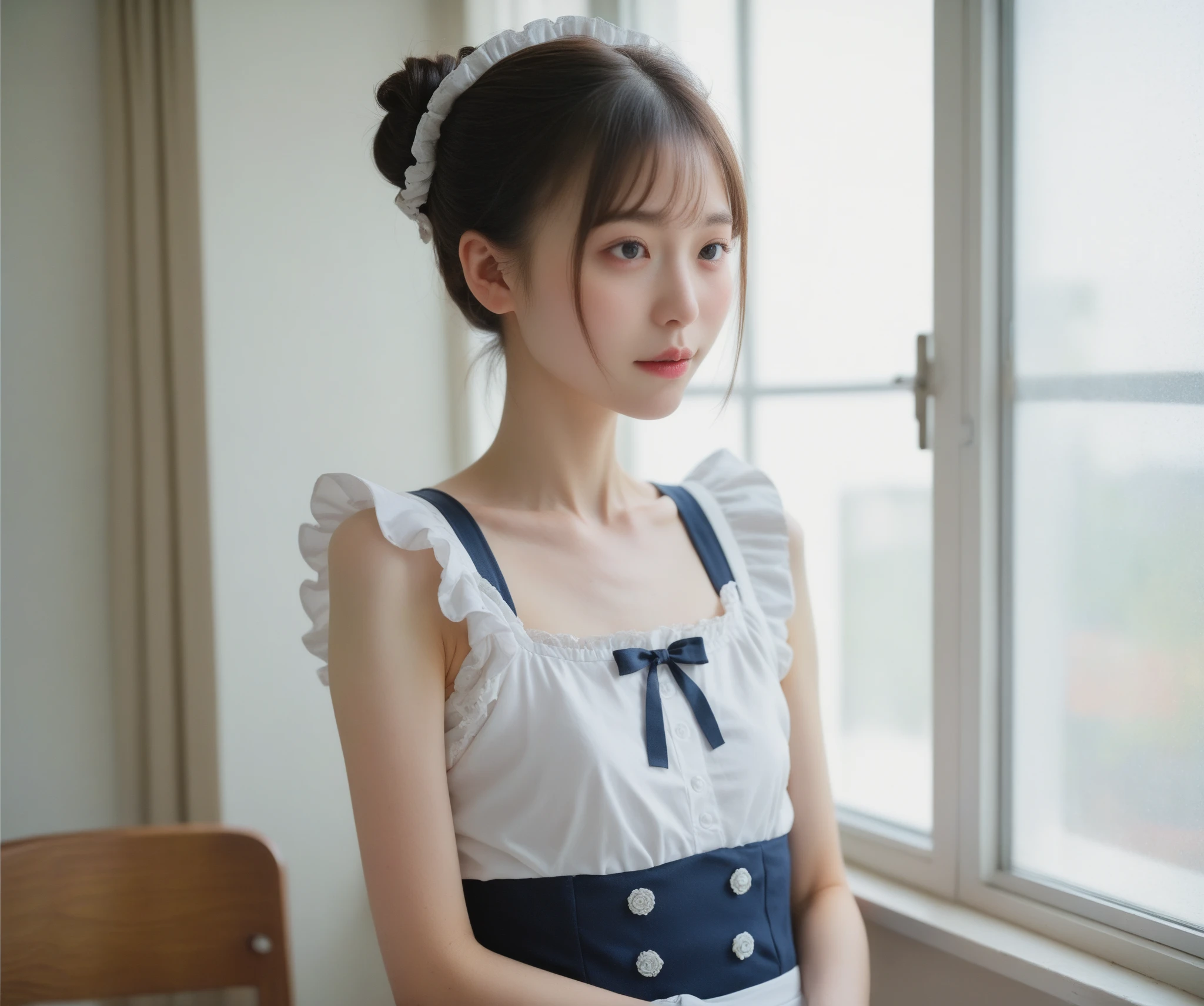  maid clothes,Junior high school students, cute girl,masterpiece, bun hair,Narrow shoulders, white skin,Thin arms,skinny