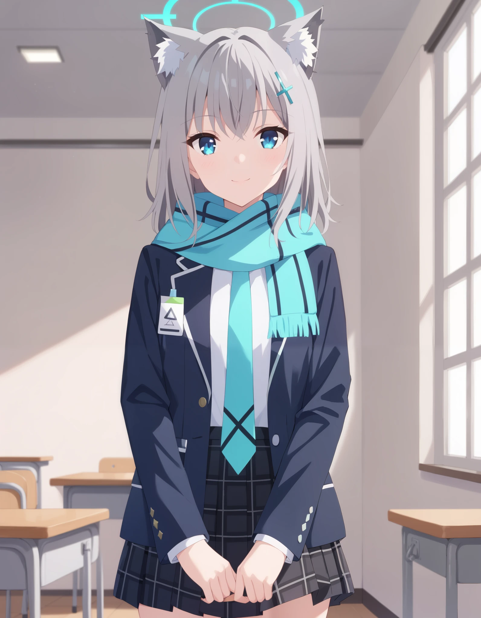 Masterpiece, hd , 2d, anime, shiroko sunaookami, animal ears, blue eyes, grey hair, hair ornament, hairpin, cross hairpin, halo, medium hair, wolf ears, checkered clothes, checkered skirt, school uniform, neck tie, skirt, scarf, indoors, smile,, looking at viewer, solo, cowboy shot, standing