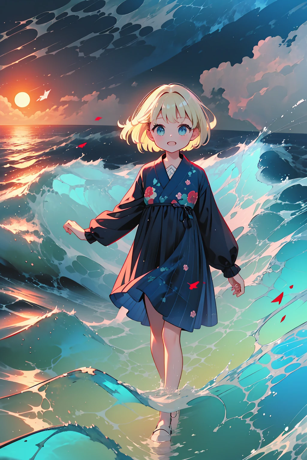 (8k,  super high quality , masterpiece:1.2),  super high res,  cute,  girl , solo, whole body, Blonde, Blue Eyes, Navy Blue Dress, Red floral pattern, Hawaiian Dress, sea,  like a ,  bright smile, soaked, whole bodyに水滴,  walking with hands on a cliff , Submersion, 