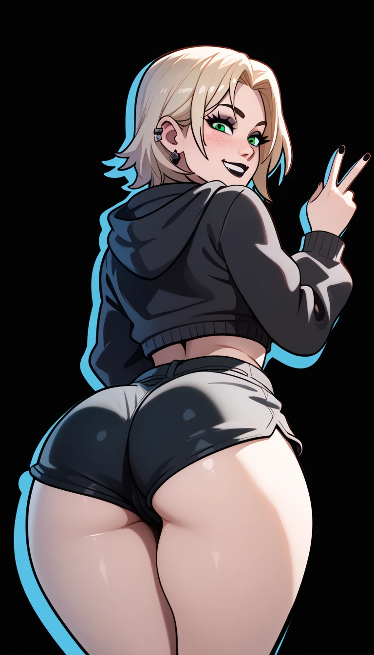 lit from behind,Full body,25-year-old Caucasian woman、platinum blonde、shiny skin、smile、turn around、 short mash hair, turquoise eyes, plain white hoodie, black shorts, black sneakers,Beautiful woman looking back、 (shading, detailed, high quality, shadow:1.1),Strong afterglow
