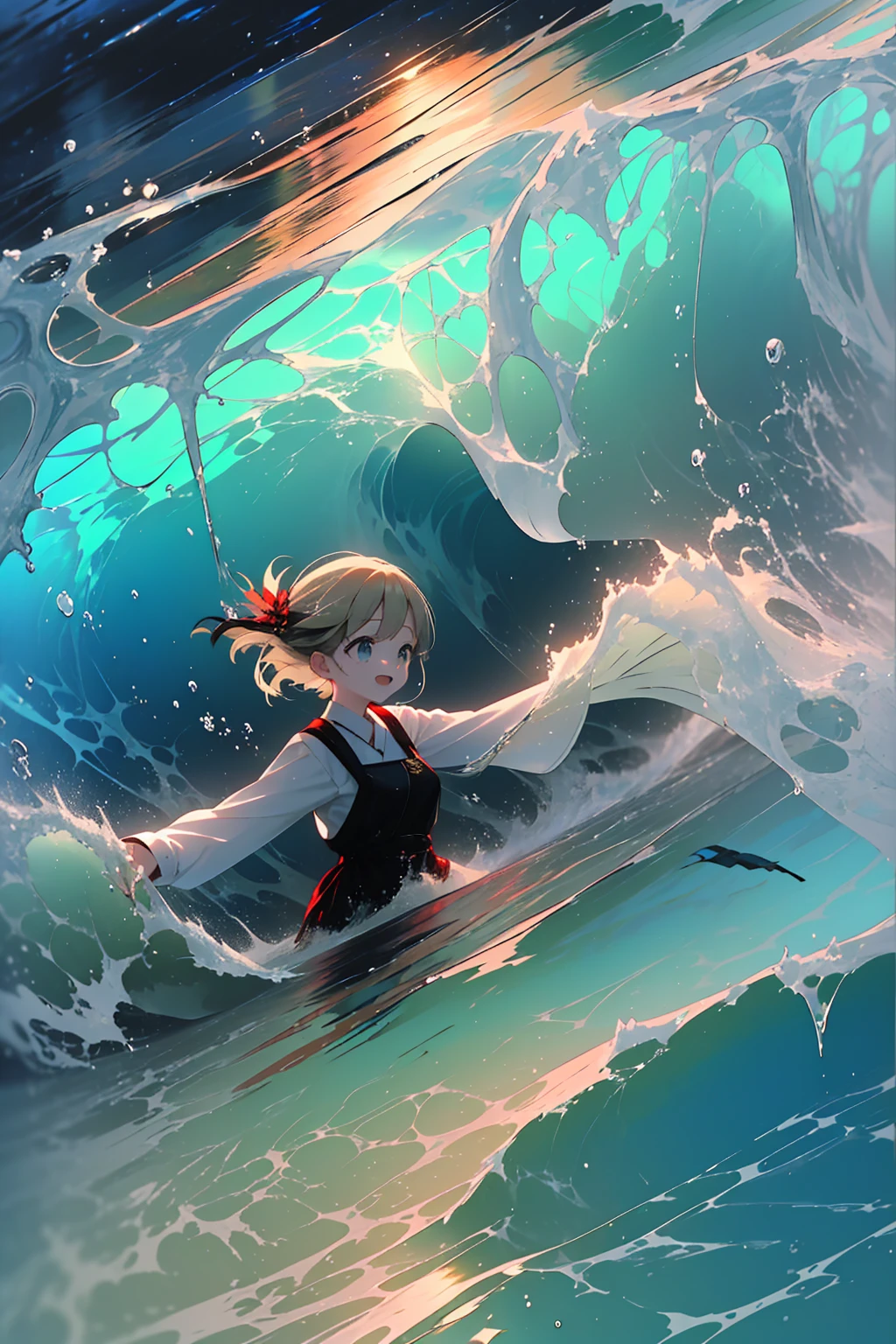 (8k,  super high quality , masterpiece:1.2),  super high res,  cute,  girl , solo, whole body, Blonde, Blue Eyes, Navy Blue Dress, Red floral pattern, Hawaiian Dress, sea,  like a ,  bright smile, soaked, whole bodyに水滴,  walking with hands on a cliff , Submersion, 