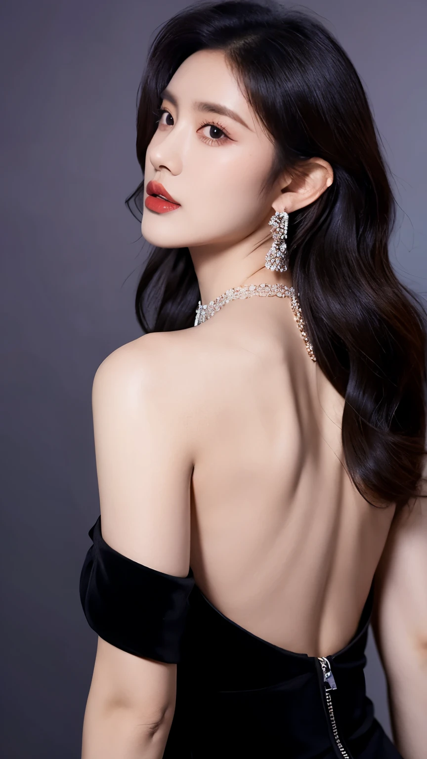 Ultra HD resolution,earrings,Long hair,Black background,Purple backless dress,necklace,H Cup,Showing cleavage,Show more breasts,Amazing breast size,nipple,Expose the areola,Breast enlargement,Smooth and beautiful back,Completely bare back,Cool white skin,Big buttocks,Messy hair,Messy hair,Ruddy complexion,sweater
