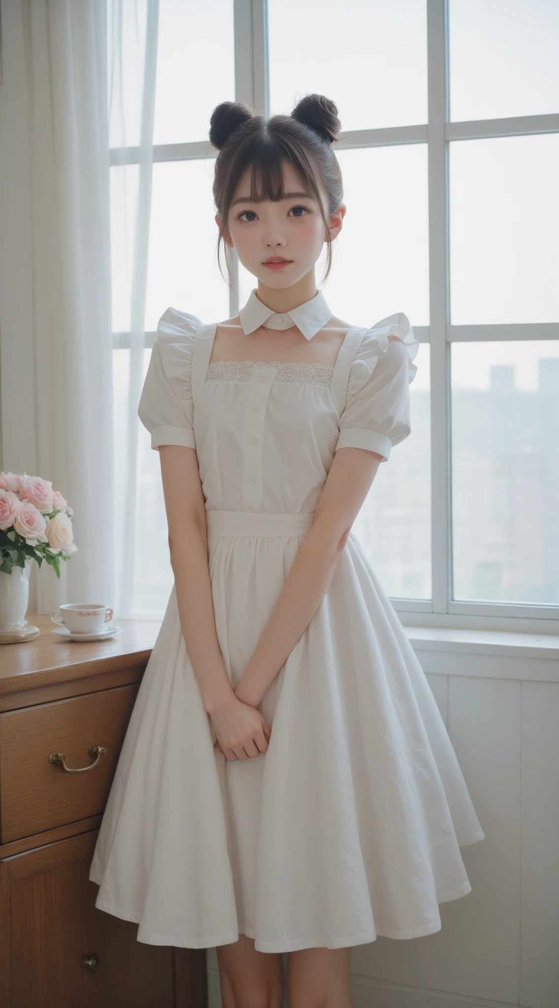  maid clothes,Junior high school students, cute girl,masterpiece, bun hair,Narrow shoulders, white skin,Thin arms,skinny