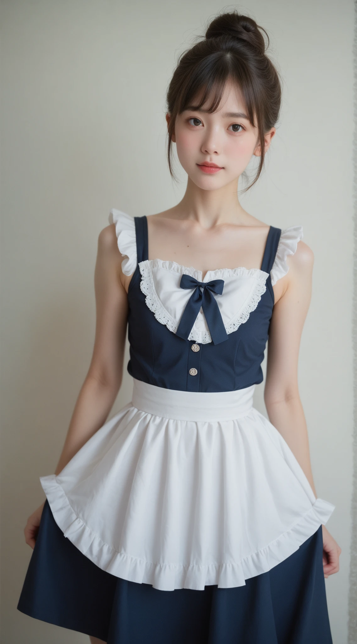  maid clothes,Junior high school students, cute girl,masterpiece, bun hair,Narrow shoulders, white skin,Thin arms,skinny