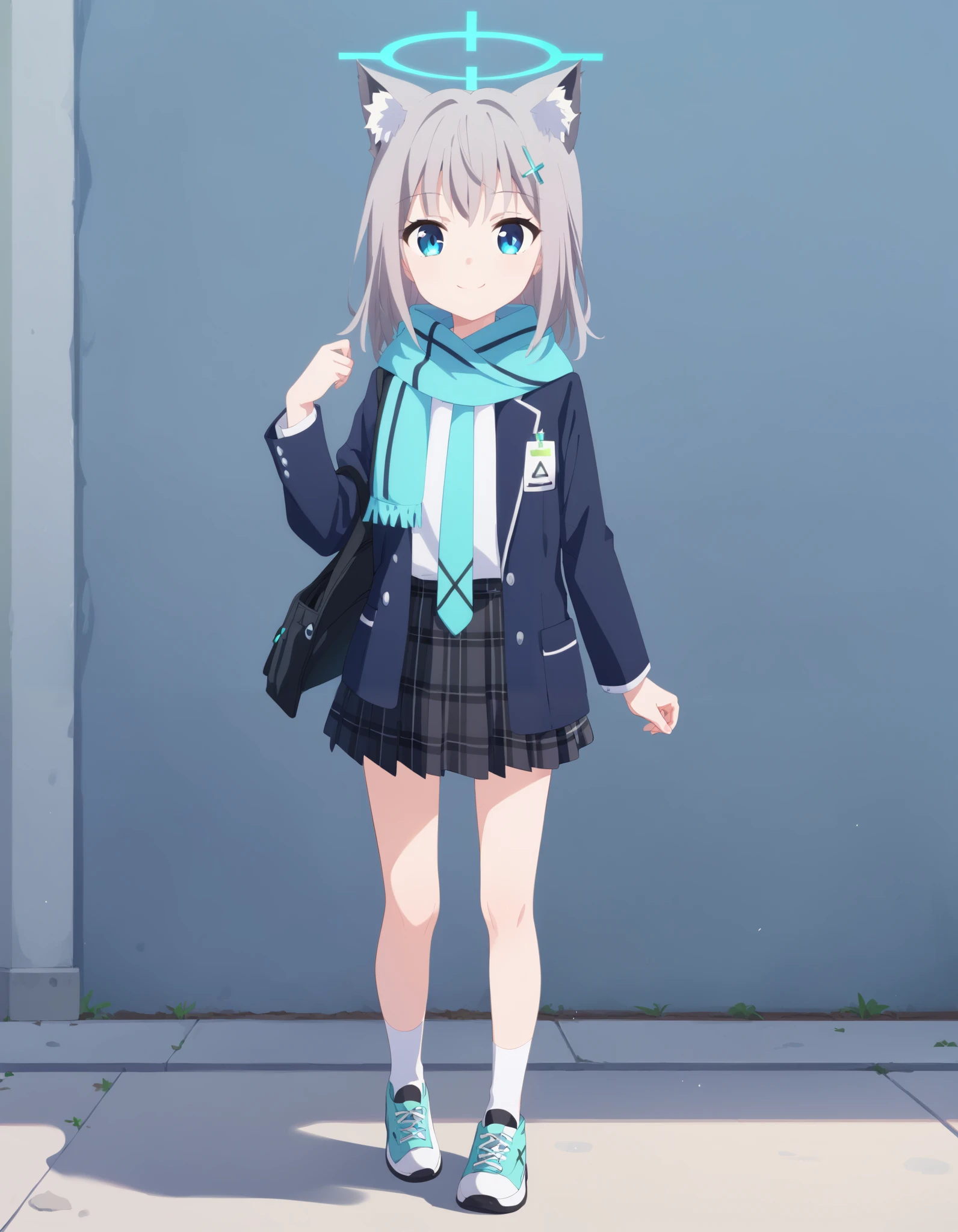 Hd, (girl:1.2) (slender body) (thin body), shiroko sunaookami, animal ears, blue eyes, grey hair, hair ornament, hairpin, cross hairpin, halo, medium hair, wolf ears, checkered clothes, checkered skirt, school uniform, neck tie, skirt, scarf, white socks, sneakers, (white skin) happy and confident expression. full body, (ch1ldren playing), short girl, cute girl, (loli:1), (ch1ldren:1.2),  long straight hair, thin legs, flat chest, flat breasts. (happy, smile, cheerful), Standing, outdoor