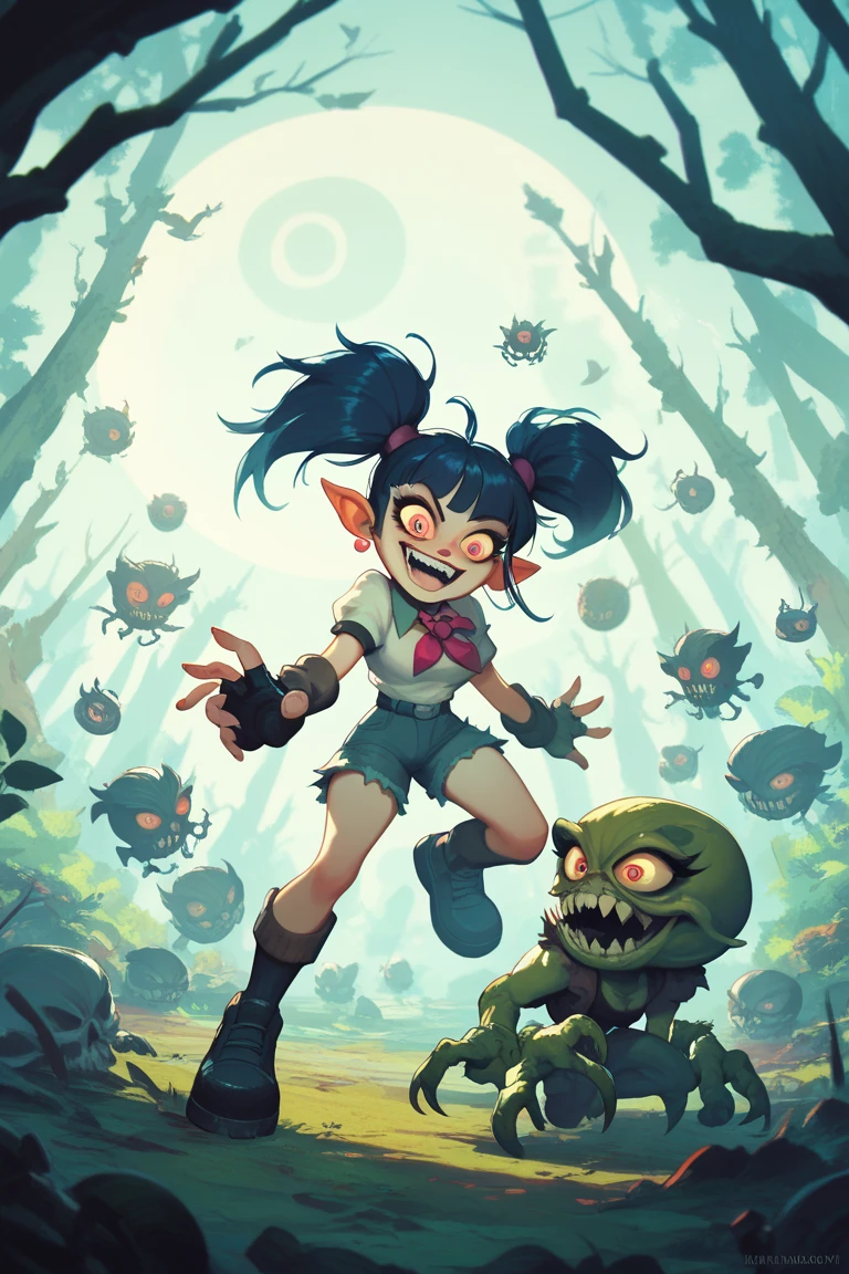 Gruesome and spooky details、Cute Smile、Mysterious atmosphere、Alice in Wonderland、Enthusiastic atmosphere、Mischievous Smile、Expressive gestures、Comical movement、Psychedelic Mushroom Background
