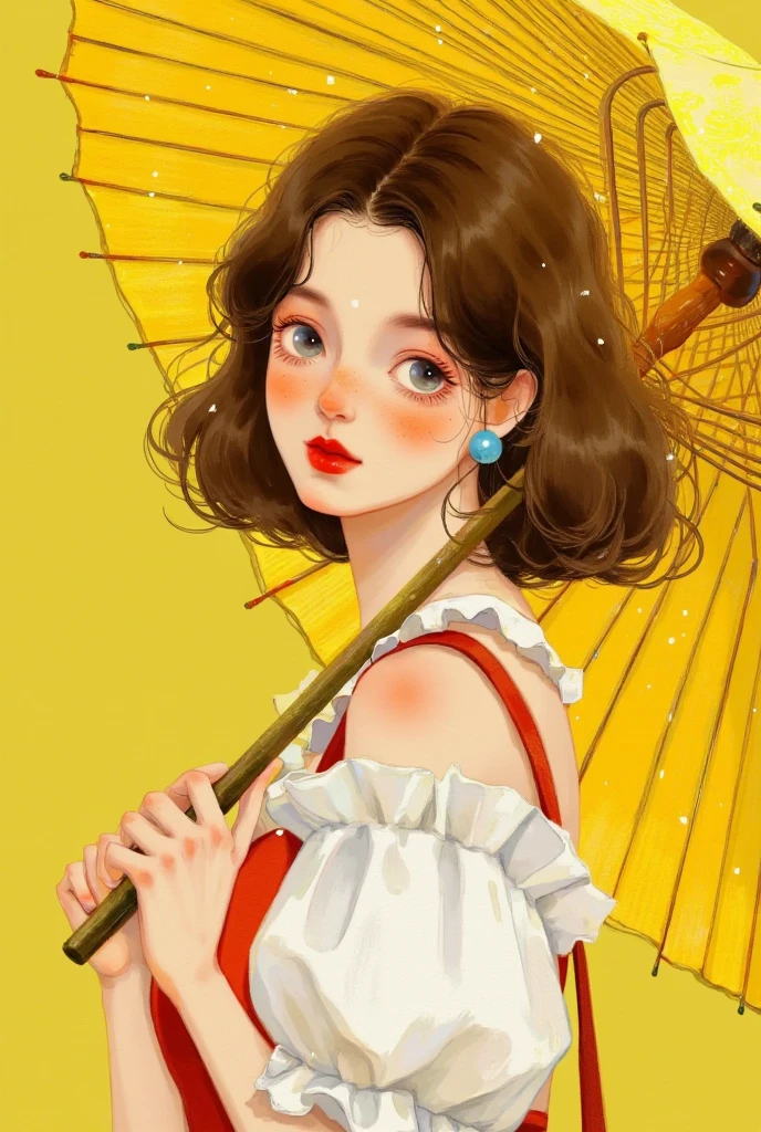 solid color background, japan retro art style, pop oil color, duotones, hand-drawn, a short wavy-haired woman, her face lit with a serene smile, holding a yellow umbrella, raindrops glistening around her