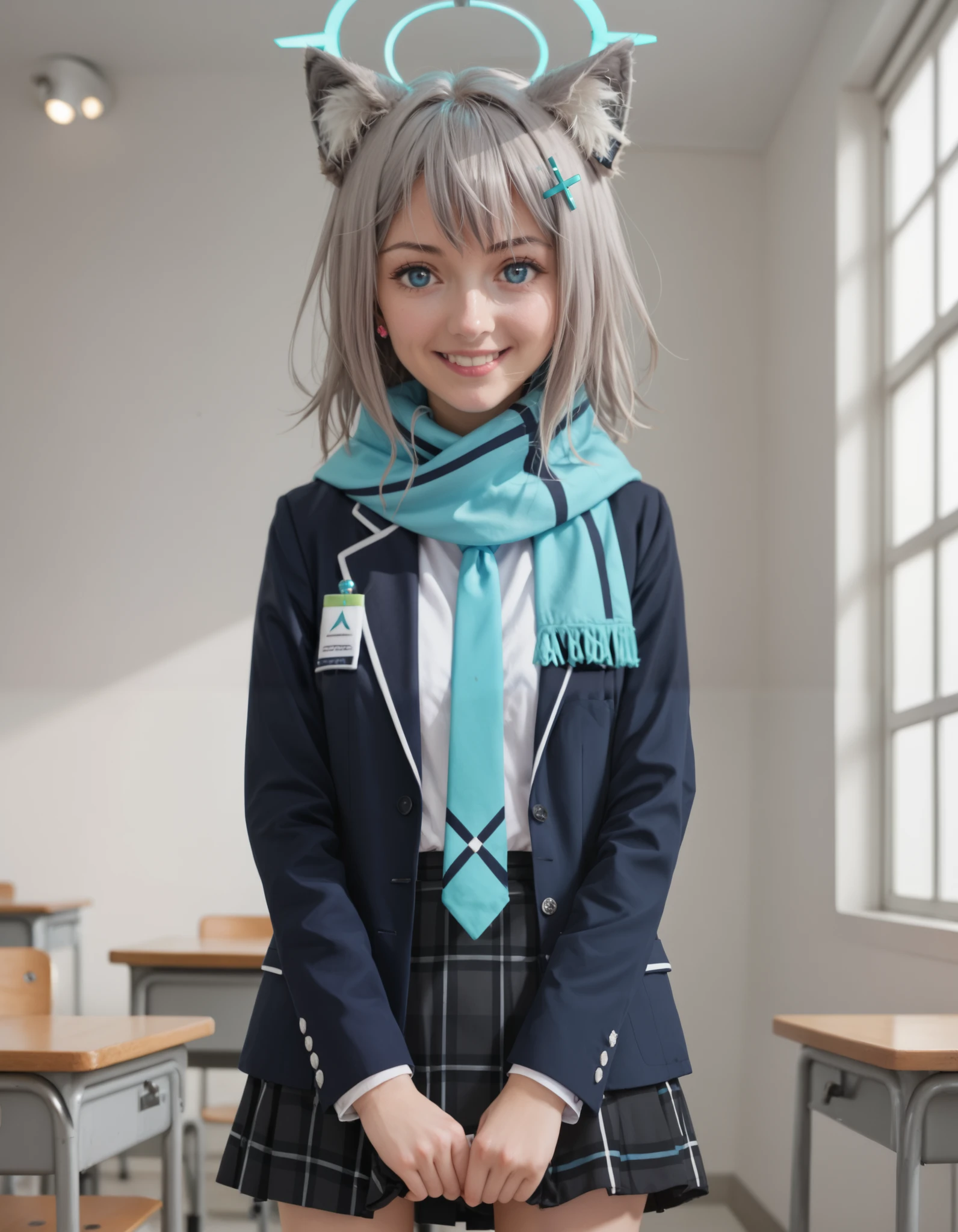 Masterpiece, hd , realistic, shiroko sunaookami, animal ears, blue eyes, grey hair, hair ornament, hairpin, cross hairpin, halo, medium hair, wolf ears, checkered clothes, checkered skirt, school uniform, neck tie, skirt, scarf, indoors, smile,, looking at viewer, solo, cowboy shot, standing