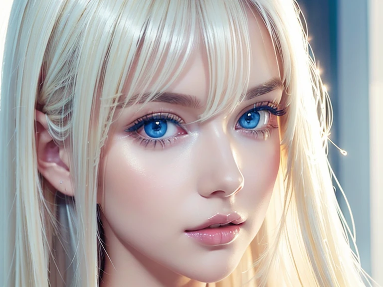  Unmatched Beauty ,  firm and shiny skin ,  bangs between eyes, Beautiful shiny straight platinum blonde,  Super Long Straight Silky Hair,  eyeliner ,  sexy beautiful innocent , High resolution big beautiful bright blue eyes,  beautiful and lovely girl, Baby Face, Short sleeve shirt、 EROTIC 