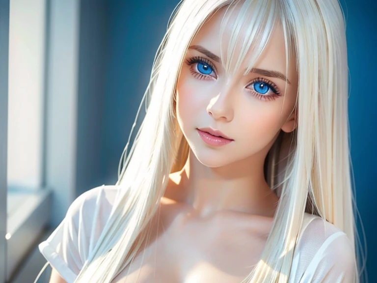  Unmatched Beauty ,  firm and shiny skin ,  bangs between eyes, Beautiful shiny straight platinum blonde,  Super Long Straight Silky Hair,  eyeliner ,  sexy beautiful innocent , High resolution big beautiful bright blue eyes,  beautiful and lovely girl, *********, Short sleeve shirt、 EROTIC 