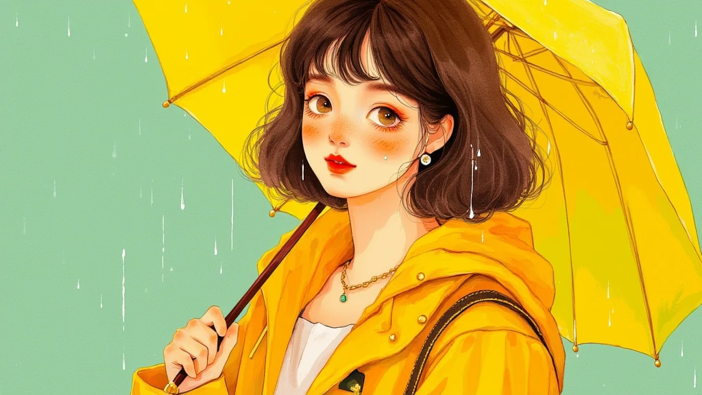 solid color background, japan retro art style, pop oil color, duotones, hand-drawn, a short wavy-haired woman, her face lit with a serene smile, holding a yellow umbrella, raindrops glistening around her