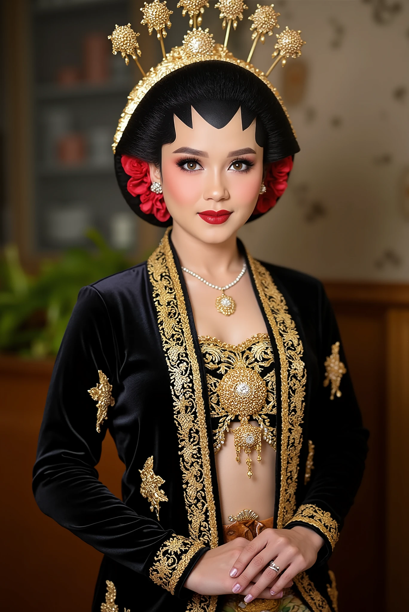 sexy javanese with absolute cleavage, open shirt and thigh slit wearing glasses showing navel