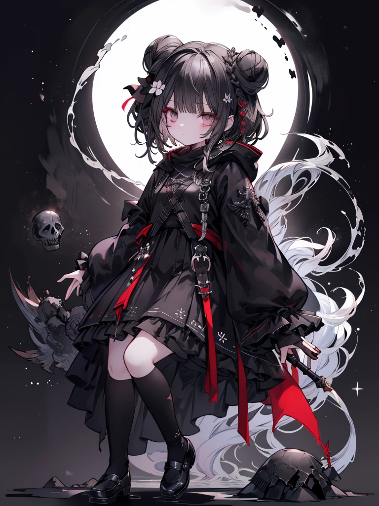 Alone,1 Female\(grim Reaper, cute,Cute,, hair color is white , hair with braids, messy hair,Eye color is dark, big eyes, white skin, big smile,enjoy, full body,grim Reaperの黒いローブを着て,( black hood ),Hold a sickle,skip, flower hair ornament with bun head ,White Hair,(Body transparent:0.8)\),background\((Black Sky:1.5),Skull on the ground , dead flowers scattered on the ground ,red water\), break ,quality\(8k,極めて精細なCGユニットのwallpaper, ​masterpiece, high res,top-quality,top-quality real texture skin, surrealistic, increase resolution , RAW photo,最高のquality, very detailed,wallpaper\)