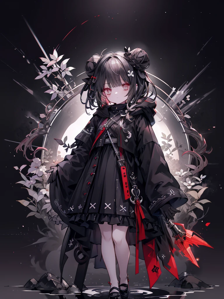 Alone,1 Female\(grim Reaper, cute,Cute,Age 10, hair color is white , hair with braids, messy hair,Eye color is dark, big eyes, white skin, big smile,enjoy, full body,grim Reaperの黒いローブを着て,( black hood ),Hold a sickle,skip, flower hair ornament with bun head ,White Hair,(Body transparent:0.8)\),background\((Black Sky:1.5),Skull on the ground , dead flowers scattered on the ground ,red water\), break ,quality\(8k,極めて精細なCGユニットのwallpaper, ​masterpiece, high res,top-quality,top-quality real texture skin, surrealistic, increase resolution , RAW photo,最高のquality, very detailed,wallpaper\)