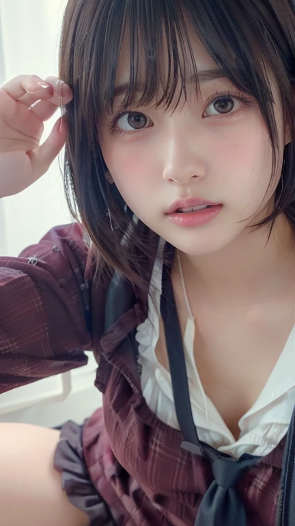 ((masterpiece,  top quality ,  high res)),  1 Japanese Girl , ( realistic : 1.4),  excited、 Amazing Face , glossy lips 、 short hair, Brown Hair、( beautiful hair:1.5),  high school girl、( ties)、 plaid miniskirt to make up for embarrassment、 beautiful legs、 on the bed、staring、 front angle, smooth,  Highly Detailed CG Composite 8K Wallpaper,  high resのRAWカラー写真, Professional photography, light, Backlight,  dreamy, Impressive,  written border depth, ( face close-up :1.5)、 small tits、mole、 selfie、 teardrop bags、 shoulder out
