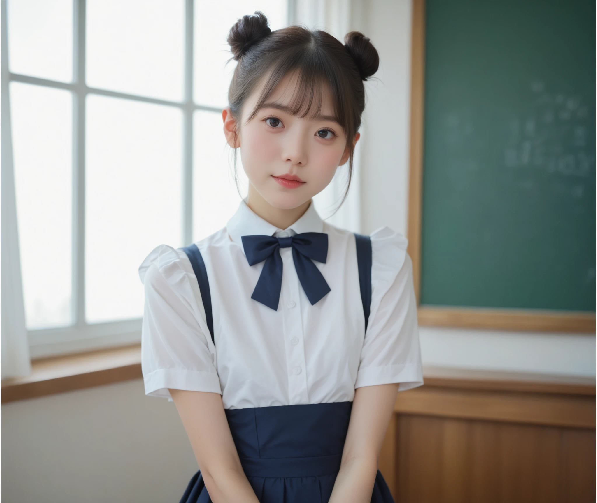  maid clothes,Junior high school students, cute girl,masterpiece, bun hair,Narrow shoulders, white skin,Thin arms,skinny