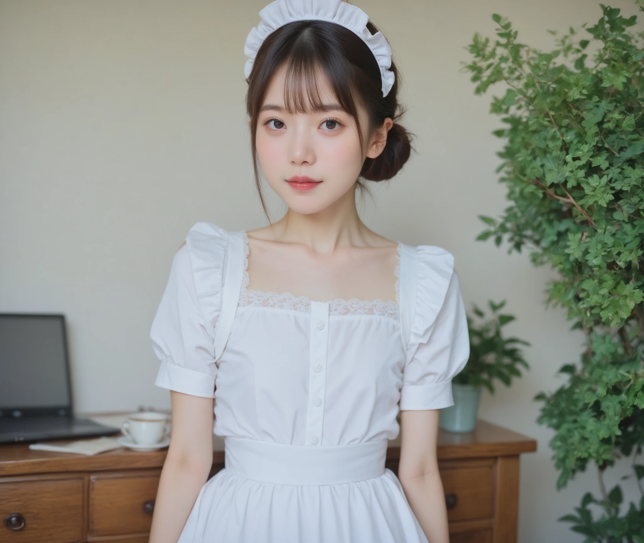  maid clothes,Junior high school students, cute girl,masterpiece, bun hair,Narrow shoulders, white skin,Thin arms,skinny