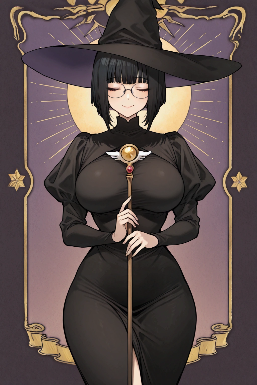 Solo, girl,glasses, black dress, eyes closed, black witch hat, black hair bob cut, long bangs, eyes covered by hair, smile, big breasts, beautiful hips, staff in hand, beautiful waist, anime quality,calm smile, high quality, feminine, perfect, flow card - CardCaptor sakura - illustriousXL LORA