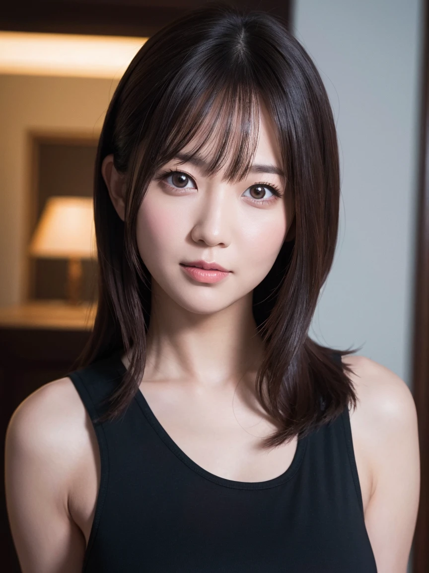 (8k、RAW Photography、top-quality、​masterpiece:1.2)、(realisitic、Photorealsitic:1.37)、ultra-detailliert、超A high resolution、女の子1人、see the beholder、beautifull detailed face、a smile、Whole body 3/4、Ultra mini skirt、Tank tops、poneyTail、Beautiful belly button、Beautiful bust、Constriction、(slim waist) :1.3)、The shirt、Beautiful detailed skin、Skin texture、floated hair、profetional lighting、middlebreast、eyes gentle