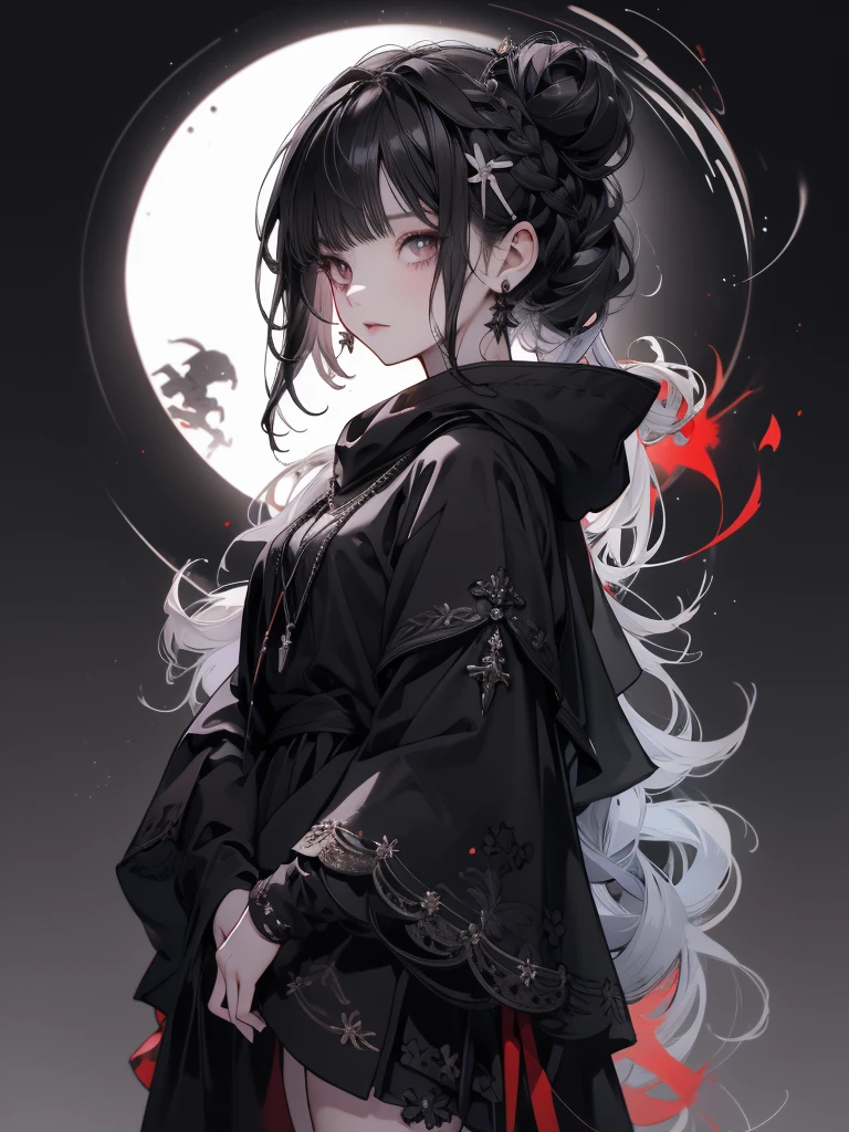 Alone,1 Female\(grim Reaper, cute,Cute,, hair color is white , hair with braids, messy hair,Eye color is dark, big eyes, white skin, big smile,enjoy, full body,grim Reaperの黒いローブを着て,( black hood ),Hold a sickle,skip, flower hair ornament with bun head ,White Hair,(Body transparent:0.8)\),background\((Black Sky:1.5),Skull on the ground , dead flowers scattered on the ground ,red water\), break ,quality\(8k,極めて精細なCGユニットのwallpaper, ​masterpiece, high res,top-quality,top-quality real texture skin, surrealistic, increase resolution , RAW photo,最高のquality, very detailed,wallpaper\)