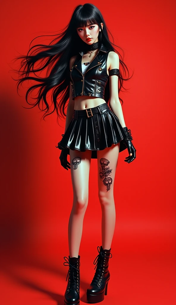  A beautiful young Korean woman .
  Toe-length black hair , fluttering. 
Crystal honey-colored eye , incandescent,  tapa olho direito with skull print .
 gothic makeup . 
 Dressed in a shiny rock-style black leather vest,  showing a defined and sexy belly .
Black skirt, Short, schoolboy style, sexy, with skull print . 
 black pantyhose , torn, semi-transparent. 
 Platform style high top shoe . 
 Long legs, thin and sexy .
 full body .
 Simple red background. 
(anime style 32K, 3d, HDR, UHD, intricate detail, extremely intricate detail, hyperrealistic, extremely realistic, high quality,          vivid color         , extremely detailed).