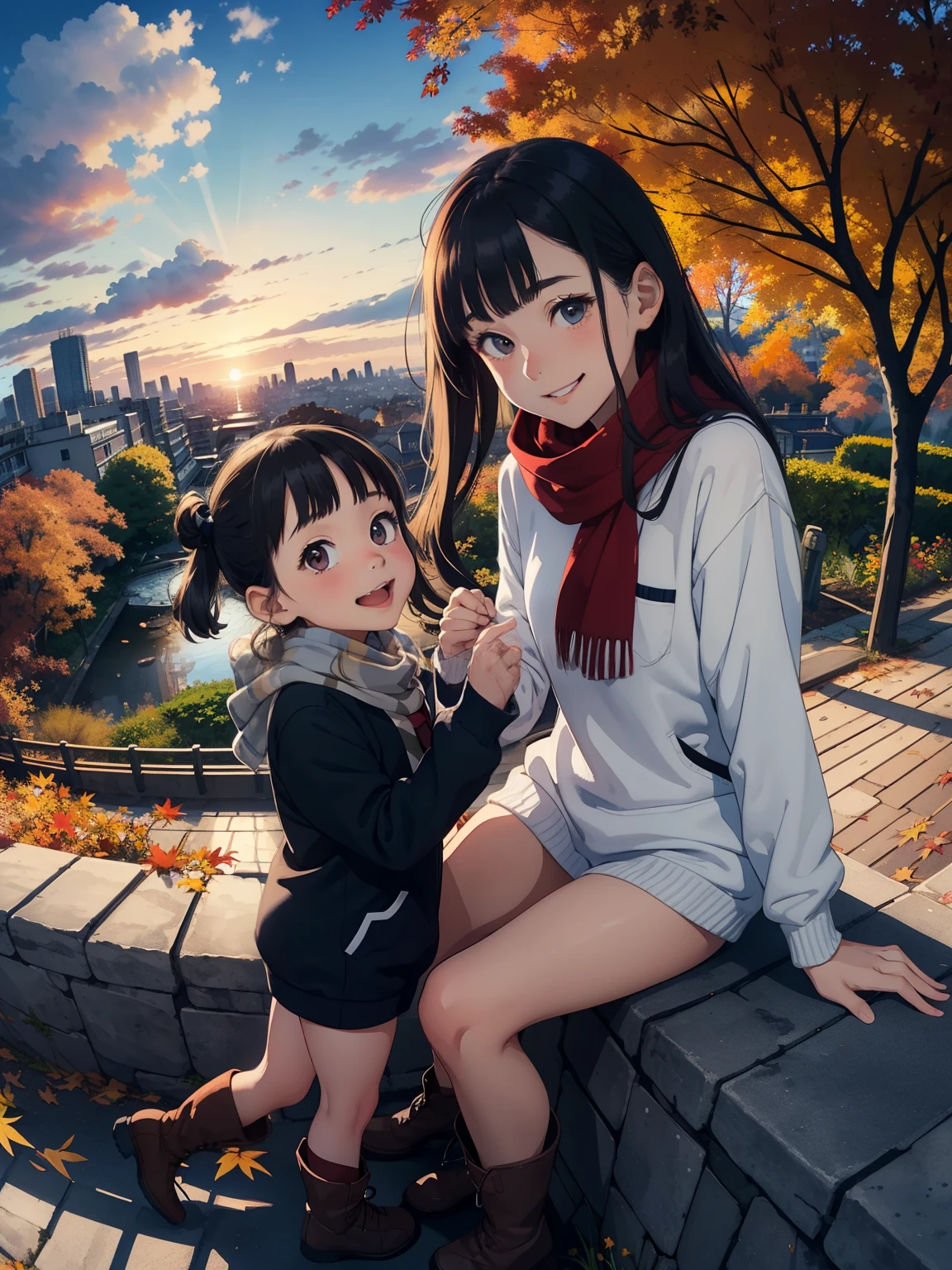 masterpiece，top quality， high image quality，( super flat ， flat shading )， beautiful dark hair， fisheye lens，Cute ***ite young mother who has been trained as a sow and her cute little training daughter:1.25， warm scarf ， Long Sleeve Sailor Suit ，(naked)， long hair， boots，smile, smile， White Breath，fun, play，Park garden overlooking the autumn city， fall foliage，Autumn sky，At dusk， Beautiful Sunset ，Wide angle， bright color，watercolor， Ghibli style，Strong winds，Girl Temptation，  girl &#39;Lure，