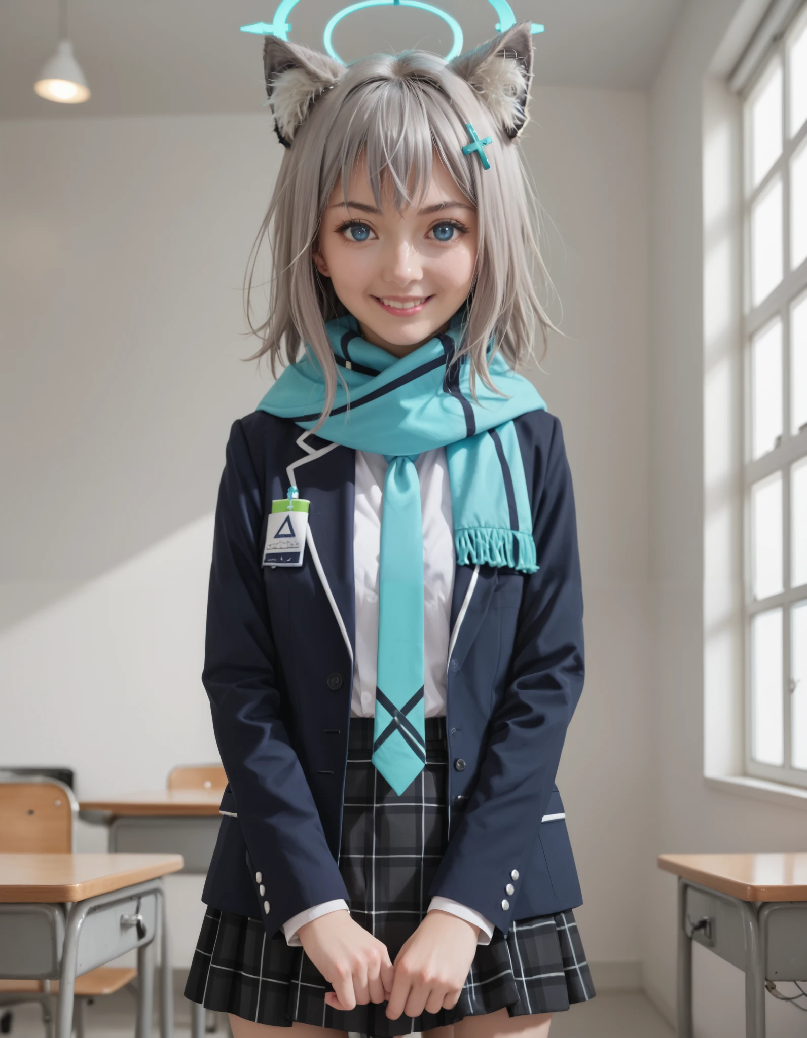 Masterpiece, hd , realistic, Chinese girl, shiroko sunaookami, animal ears, blue eyes, grey hair, hair ornament, hairpin, cross hairpin, halo, medium hair, wolf ears, checkered clothes, checkered skirt, school uniform, neck tie,  skirt, scarf, indoors, smile,, looking at viewer, solo, cowboy shot, standing 