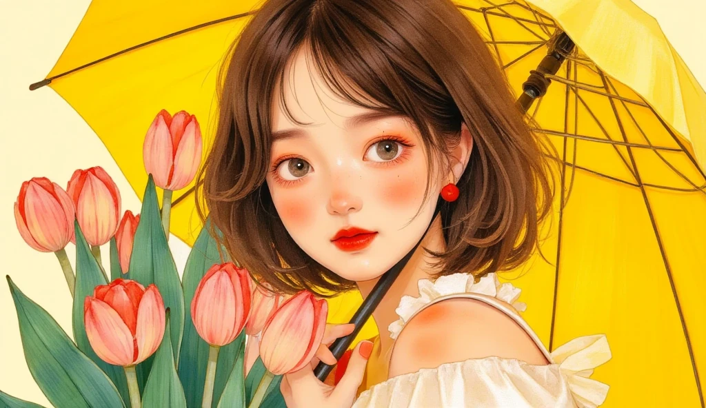 solid color background, japan retro art style, pop oil color, duotones, hand-drawn, a short wavy-haired woman, her face lit with a serene smile, holding a yellow umbrella, raindrops glistening around her