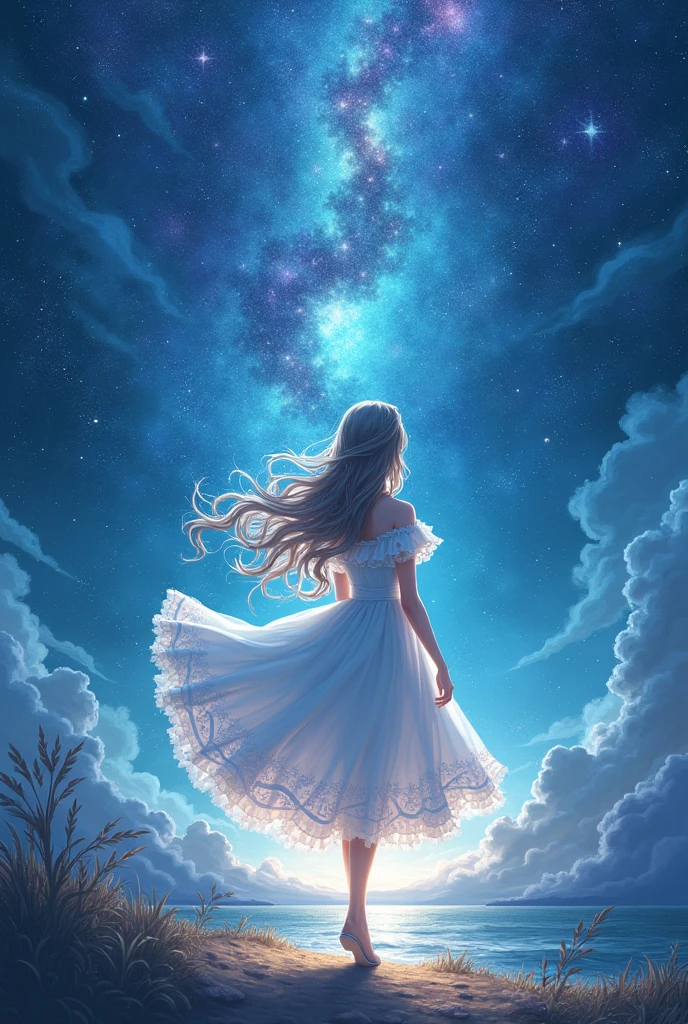  A breathtaking masterpiece, Perfectly frames a stunning cosmic background against a backdrop of, Moonlight shines off her figure, A single character at the center of the frame, Her long, flowing curls sparkle in the moonlight, Twinkling Star々Featuring a charming girl in a white court dress, A swirling galaxy adds depth and a celestial feel, The background sparkles with cosmic wonder,  anime art style 、