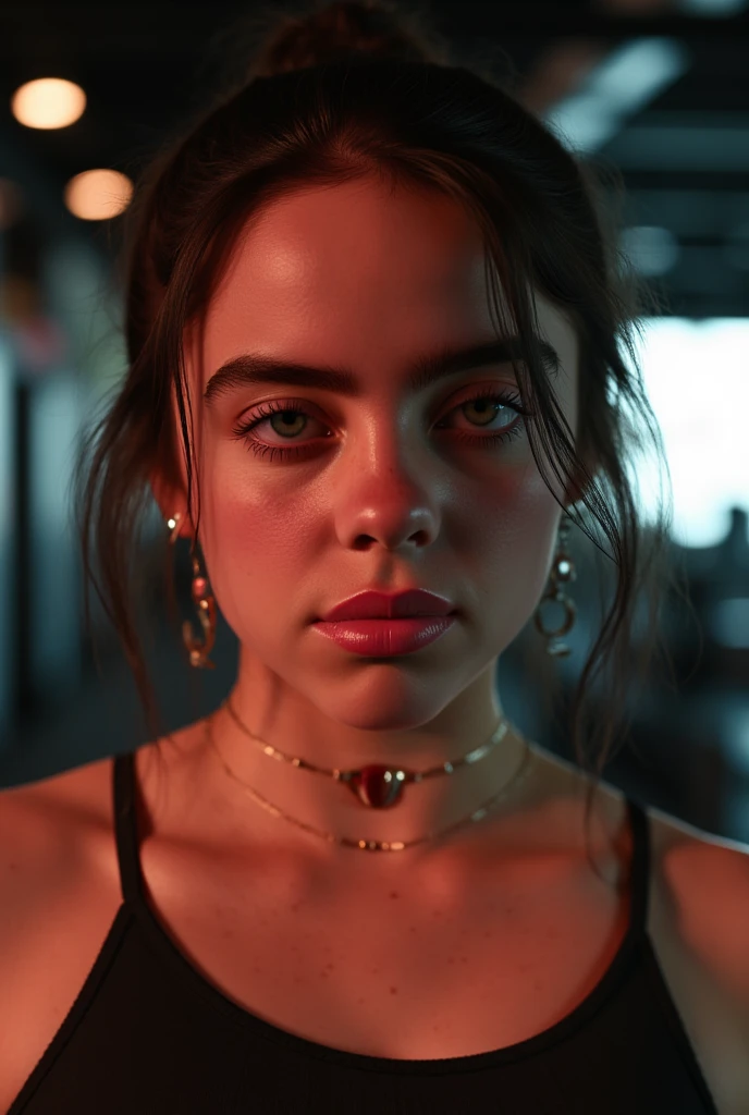 a young girl in a gym, beautiful detailed eyes, beautiful detailed lips, extremely detailed eyes and face, long eyelashes, portrait of Billie Eilish, athletic wear, exercise equipment, warm lighting, photorealistic, highly detailed, realistic, 8k, cinematic, dramatic lighting, moody, editorial portrait