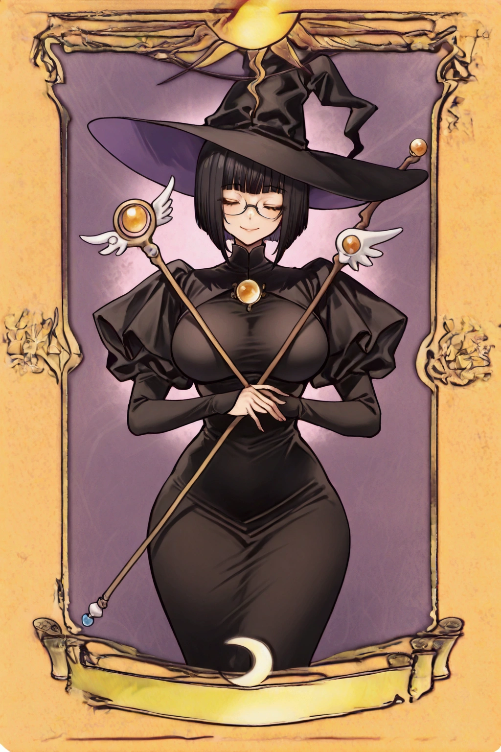 Solo, girl,glasses, black dress, eyes closed, black witch hat, black hair bob cut, long bangs, eyes covered by hair, smile, big breasts, beautiful hips, staff in hand, beautiful waist, anime quality,calm smile, high quality, feminine, perfect, flow card - CardCaptor sakura - illustriousXL LORA, name under card "Umbra"