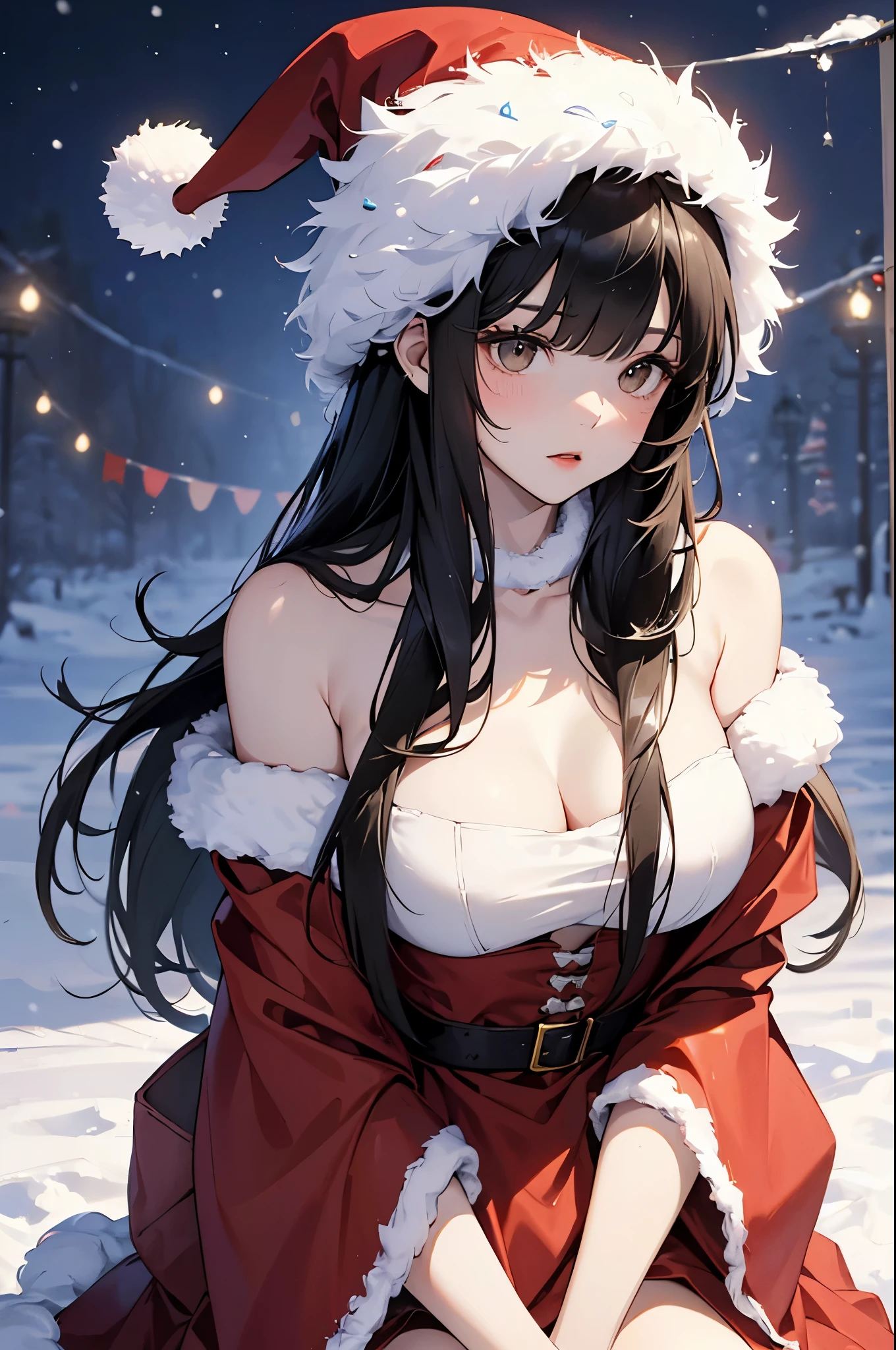 (8K、Top image quality、top-quality、masterpiece)、A detailed face、1 girl in、A dark-haired、Long、black eyes、A slight smil、Moderately breasts、Santa Hat、santa costume、a miniskirt、black pantyhose、cowboy shot、((natta))、outside of house、snowy background