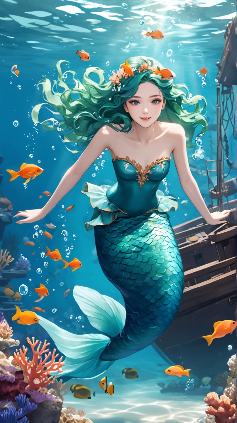 a woman with long wavy dark teal green hair, pink eyes, mermaid, swimming, small corals on her head, clear water, bubbles, smilling, sunken ship at the background, several orange fish swam around