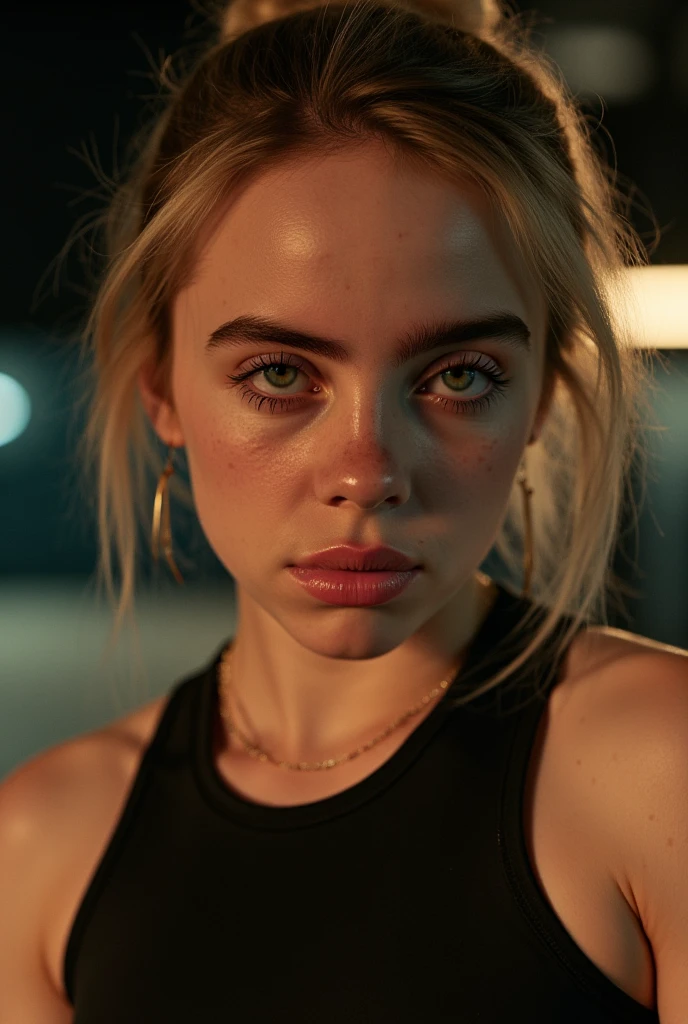 a young girl in a gym, beautiful detailed eyes, beautiful detailed lips, extremely detailed eyes and face, long eyelashes, portrait of Billie Eilish, athletic wear, exercise equipment, warm lighting, photorealistic, highly detailed, realistic, 8k, cinematic, dramatic lighting, moody, editorial portrait