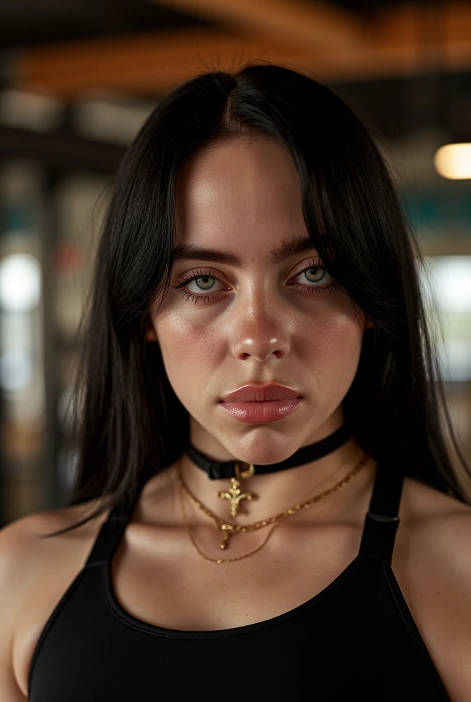 a young girl in a gym, beautiful detailed eyes, beautiful detailed lips, extremely detailed eyes and face, long eyelashes, portrait of Billie Eilish, athletic wear, exercise equipment, warm lighting, photorealistic, highly detailed, realistic, 8k, cinematic, dramatic lighting, moody, editorial portrait