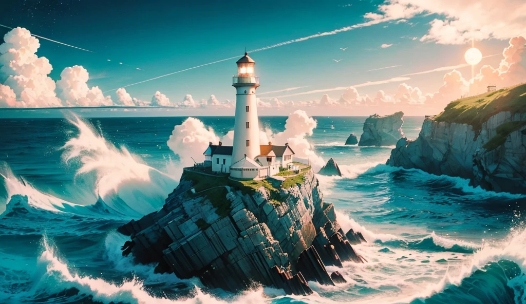 Viral anime seascape wallpaper in 4K quality, inspired by Hayao Miyazaki's digital illustration style. Features a lighthouse by the seashore at dawn, with a deep blue sea and sky, and orange clouds fading into a cyan galaxy. The lighthouse stands tall in dark gray, with a warm, golden light emanating from its top. No human characters. The scene is serene and magical.