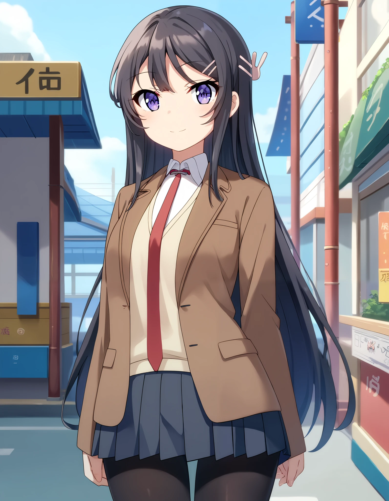 Masterpiece, hd,  1girl, solo, closed mouth, light smile, light blush, long hair, black hair, purple eyes, hairclip, rabbit hair ornament, Mai Sakurajima, blazer, open jacket, brown jacket, yellow vest, white shirt, long sleeves, red necktie, pleated skirt, grey skirt, black pantyhose,
thigh gap, standing, looking at viewer, cowboy shot, outdoor 