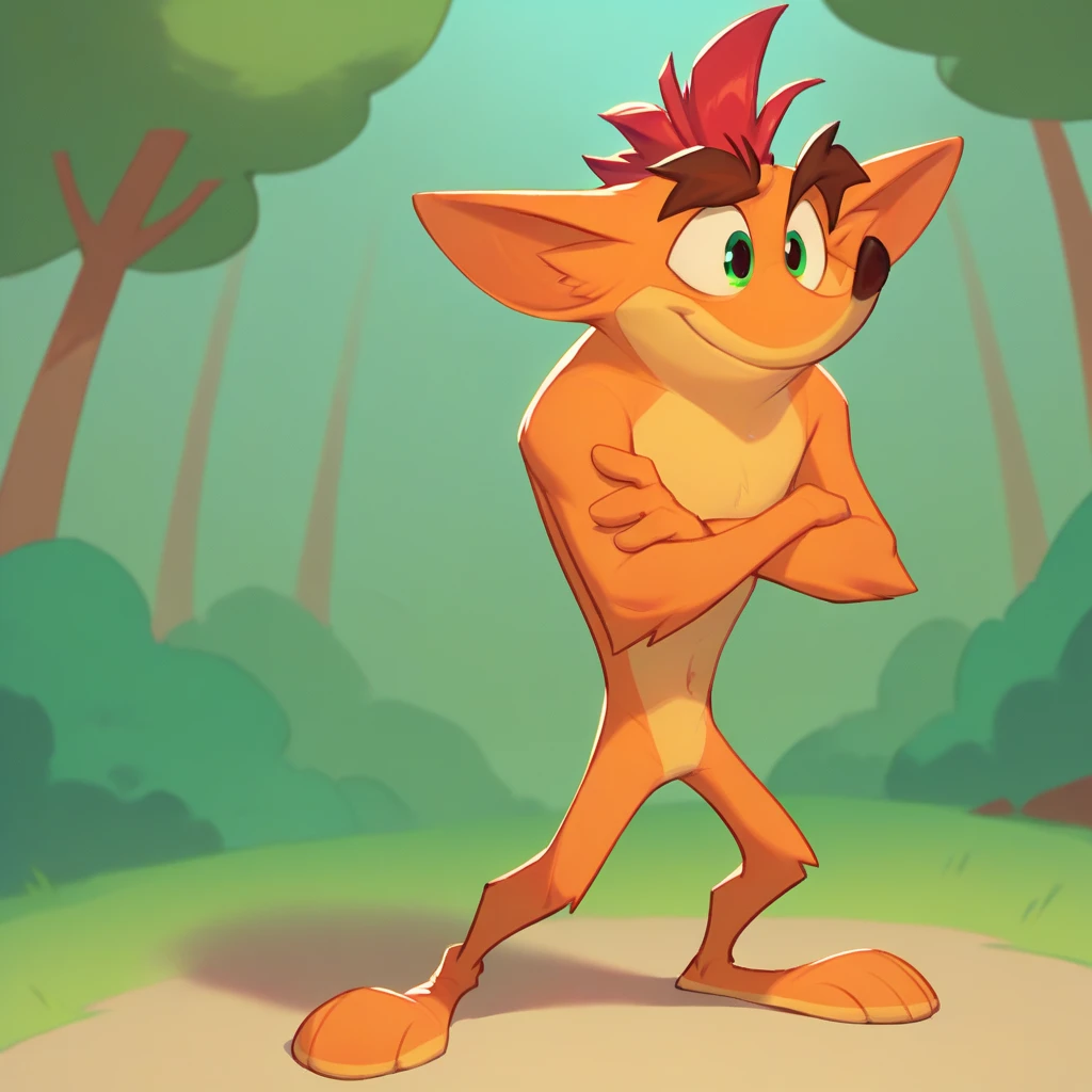 Crash Bandicoot,Furry,Orange Fur,Light Orange Under Belly,Green Eyes,Mohawk,Red Hair,Thick Eyebrows,Dark Brown Nose,Big Pointy Ears,naked, nude,solo,crossed arms,happy,smile,standing,full body,forest background, 