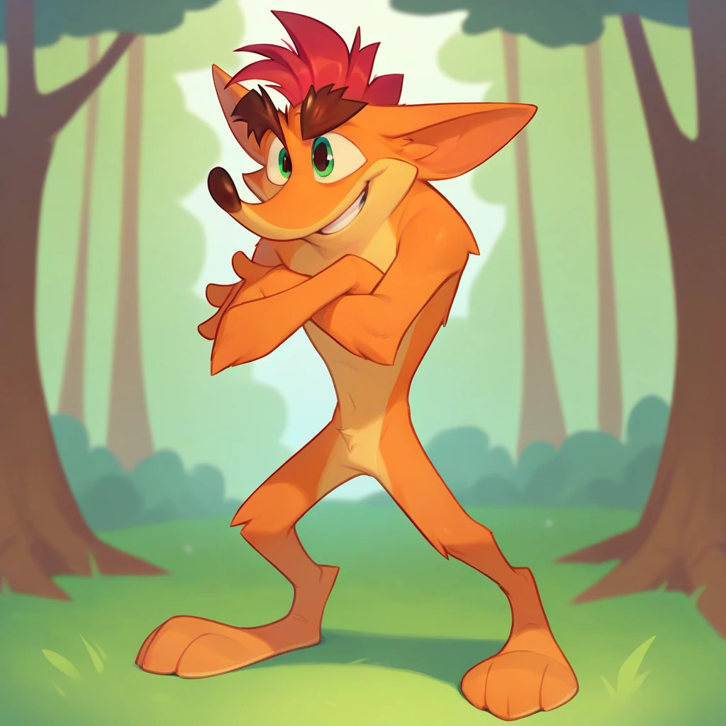 Crash Bandicoot,Furry,Orange Fur,Light Orange Under Belly,Green Eyes,Mohawk,Red Hair,Thick Eyebrows,Dark Brown Nose,Big Pointy Ears,naked, nude,solo,crossed arms,happy,smile,standing,full body,forest background, 