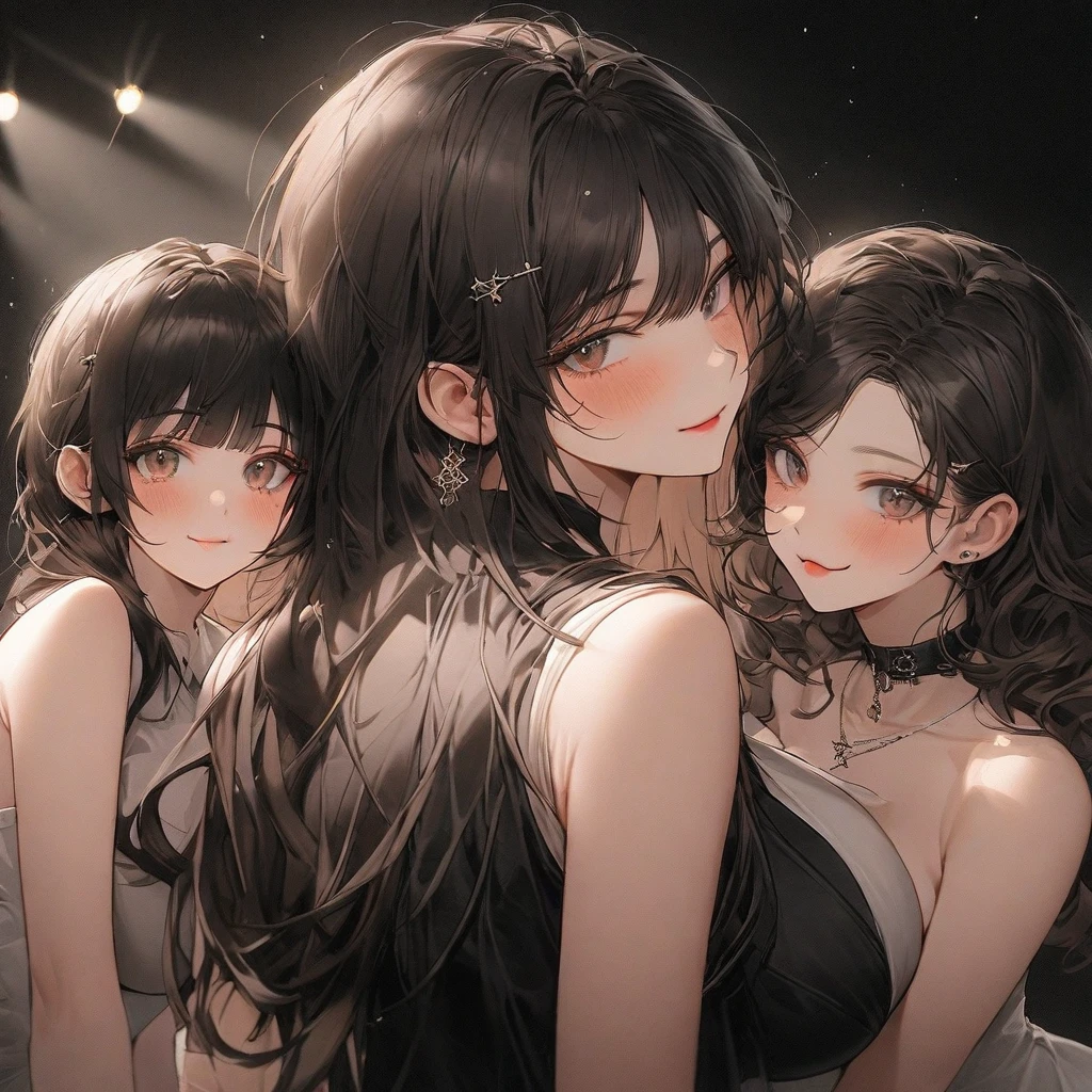 perfect anime illustration, identical septuplets, 7girls, clones, identical sisters, sisters crowded together, sisters in background, matching hairstyles, brown hair, curly hair, matching hairstyle, hazel eyes, smiling, ((elegant evening dress, black dress)), mansion, highres, full body