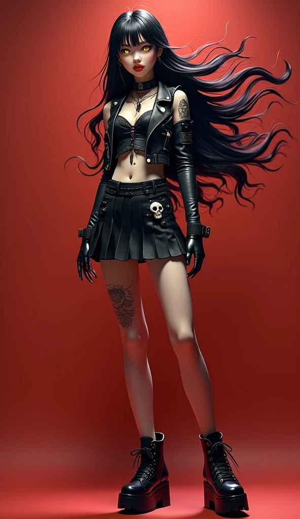  A beautiful young Korean woman .
  Toe-length black hair , fluttering. 
Crystal honey-colored eye , incandescent,  tapa olho direito with skull print .
 gothic makeup . 
 Dressed in a shiny rock-style black leather vest,  showing a defined and sexy belly .
Black skirt, Short, schoolboy style, sexy, with skull print . 
 black pantyhose , torn, semi-transparent. 
 Platform style high top shoe . 
 Long legs, thin and sexy .
 full body .
 Simple red background. 
Efeito sem brilho.
(anime style 32K, 3d, HDR, UHD, intricate detail, extremely intricate detail, hyperrealistic, extremely realistic, high quality,          vivid color         , extremely detailed).