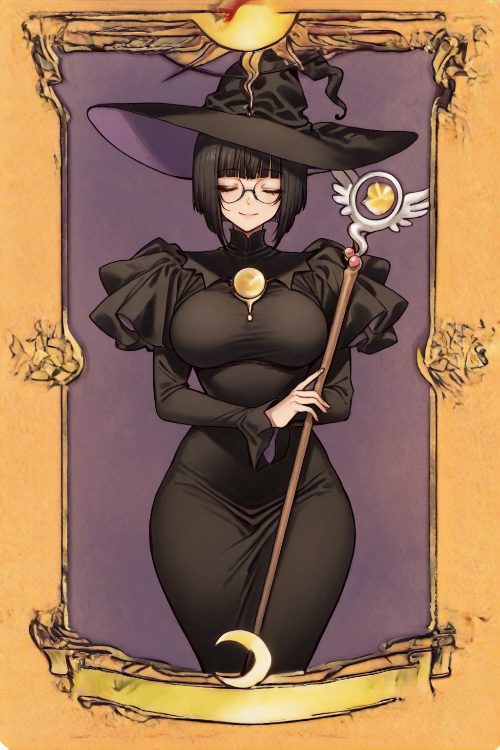 Solo, girl,glasses, black dress, eyes closed, black witch hat, black hair bob cut, long bangs, eyes covered by hair, smile, big breasts, beautiful hips, staff in hand, beautiful waist, anime quality,calm smile, high quality, feminine, perfect, clow card - CardCaptor sakura - illustriousXL LORA, name under card "Umbra", details, perfect lineart