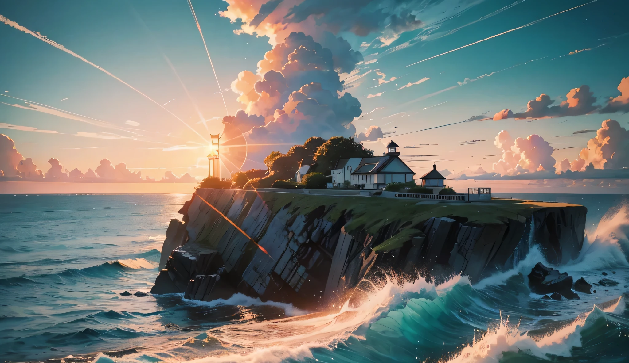 Viral anime seascape wallpaper in 4K quality, inspired by Hayao Miyazaki's digital illustration style. Features a lighthouse by the seashore at dawn, with a deep blue sea and sky, and orange clouds fading into a cyan galaxy. The lighthouse stands tall in dark gray, with a warm, golden light emanating from its top. No human characters. The scene is serene and magical.