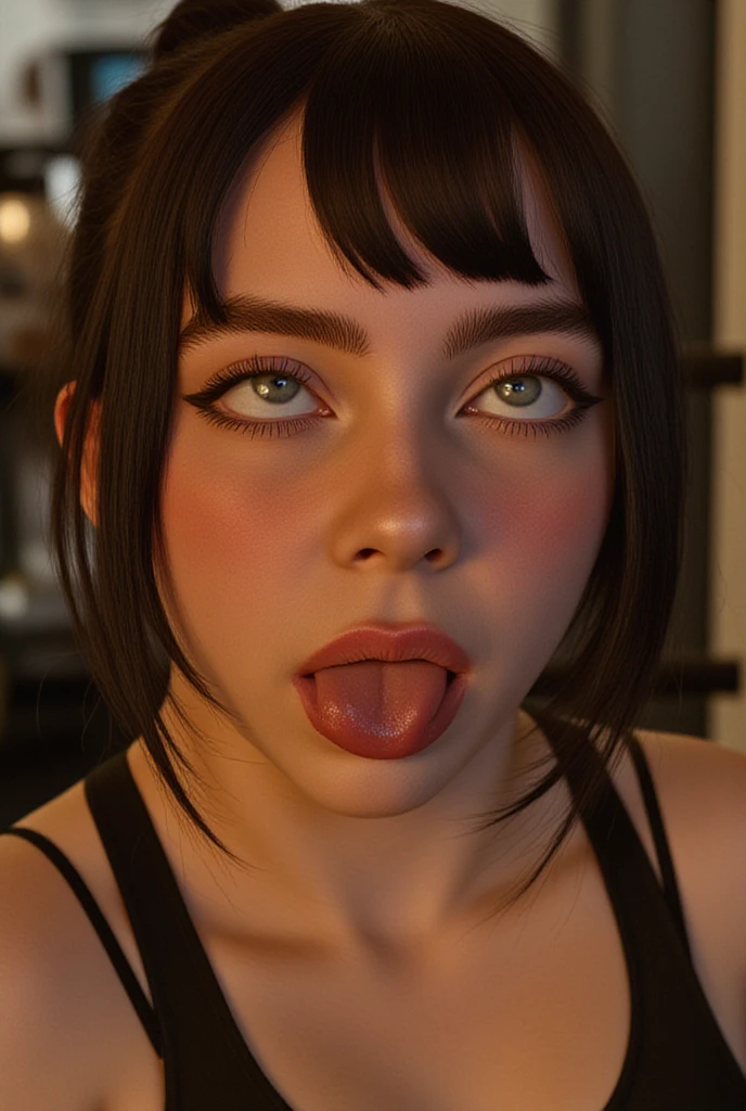 a young girl in a gym, beautiful detailed eyes, beautiful detailed lips, extremely detailed eyes and face, long eyelashes, portrait of Billie Eilish, athletic wear, exercise equipment, warm lighting, photorealistic, highly detailed, realistic, 8k, cinematic, dramatic lighting, moody, editorial portrait