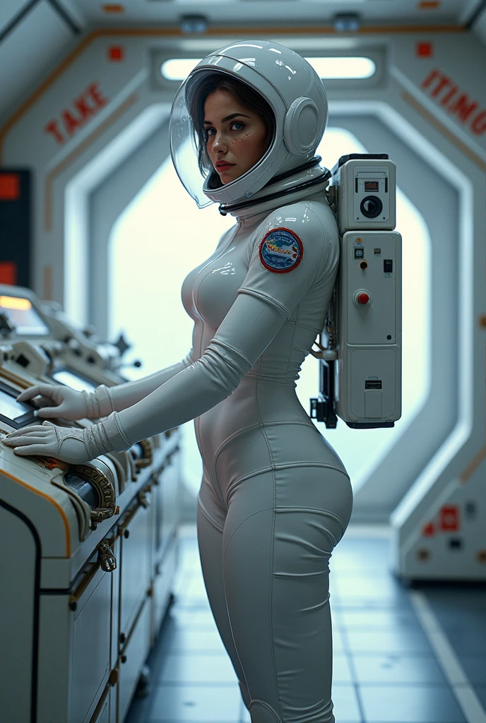 sci-fi, (8k), (best quality), (masterpiece:1.2), (realistic), (photorealistic:1.0),astronaut, space station, 1girl, astronaut suite, anatomically correct,full body, sexy, topless, medium tits , standing, Best quality, high detailed, Masterpiece, offcial art, Cinematic Lighting, 4K