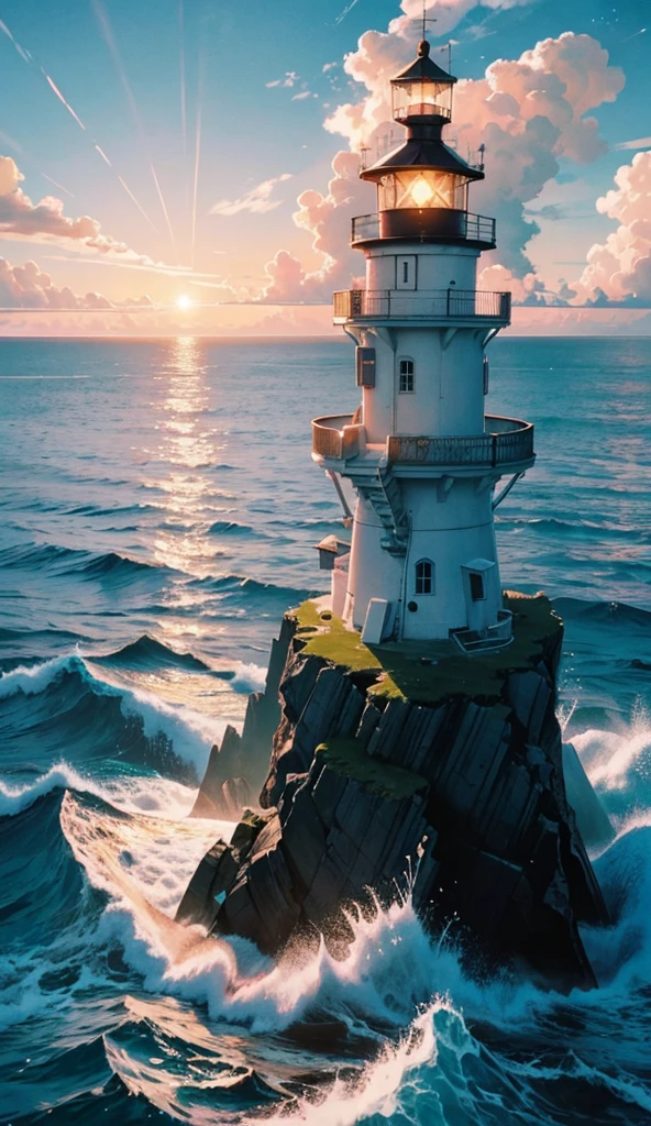 Viral anime seascape wallpaper in 4K quality, inspired by Hayao Miyazaki's digital illustration style. Features a lighthouse by the seashore at dawn, with a deep blue sea and sky, and orange clouds fading into a cyan galaxy. The lighthouse stands tall in dark gray, with a warm, golden light emanating from its top. No human characters. The scene is serene and magical.