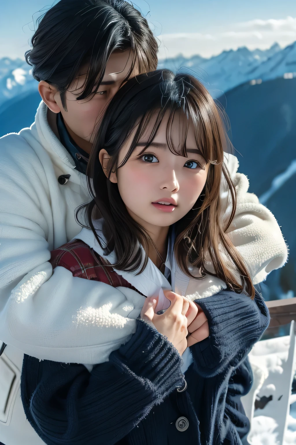 ( top quality , masterpiece:1.2),  super detailed ,  high res, 8k wallpaper,  perfect dynamic composition,  snowy mountains、Ski、It looks like they don't like it 、 a man puts his hand in a woman's clothes 、 man touches a woman's chest、 a man clings his wings from behind、Knitted clothing、 big breasts、 cute faces 、 beautiful eyes、 from above、 seen from above、Clothes get torn、