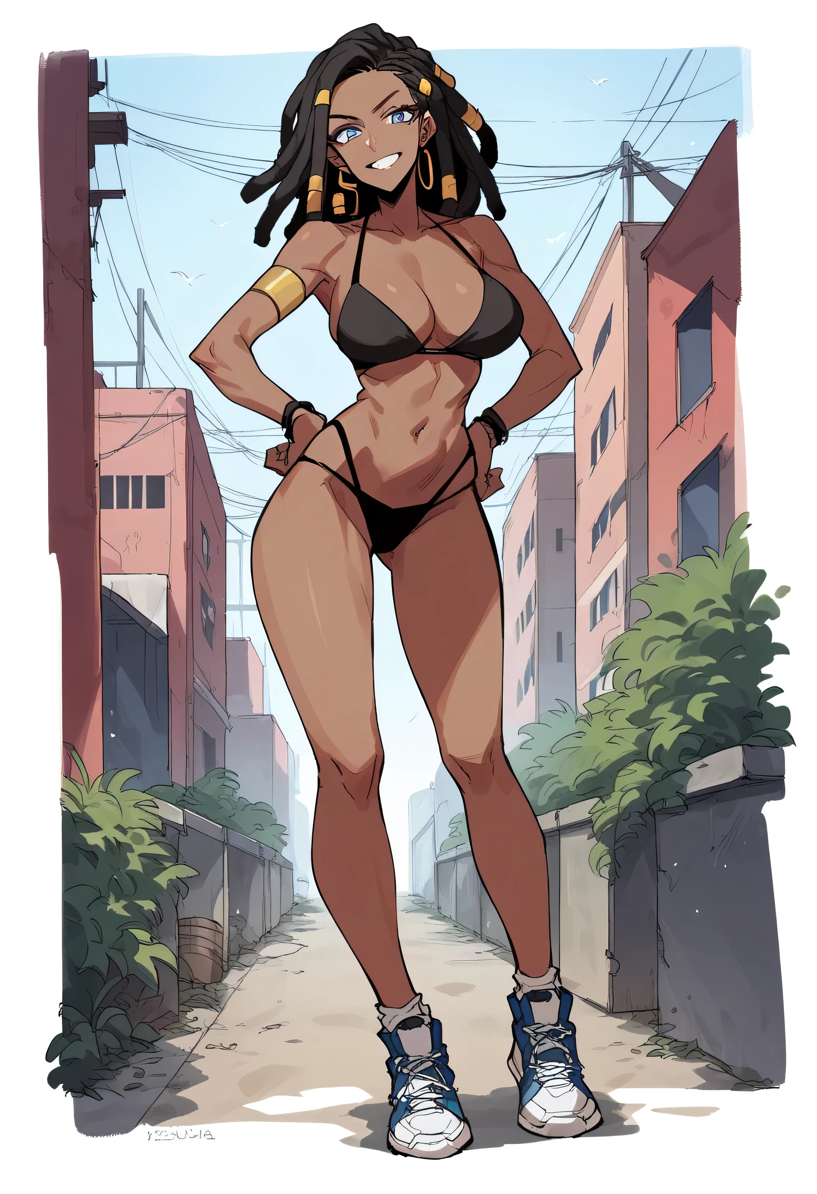 Masterpiece, best quality, high resolution, 1 woman, Karin , black skin , black hair , yellow eyes , black bikini , abdomen , big breasts, Long legs , Barefoot , Put your hands on your hips. , stand perfectly erect , alley , tall building